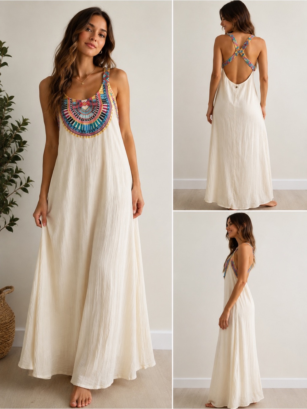 Billabong Embroidered Cotton Maxi Dress Open Back Lined Boho Ivory Size S